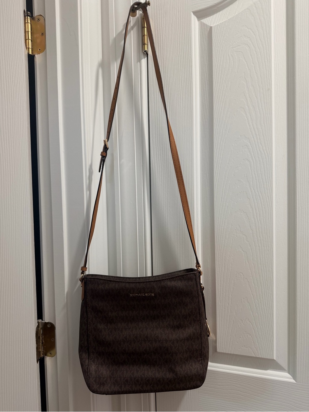 Michael Kors Brown MK Monogram Crossbody Bag with Tan Strap - Picture 5 of 5